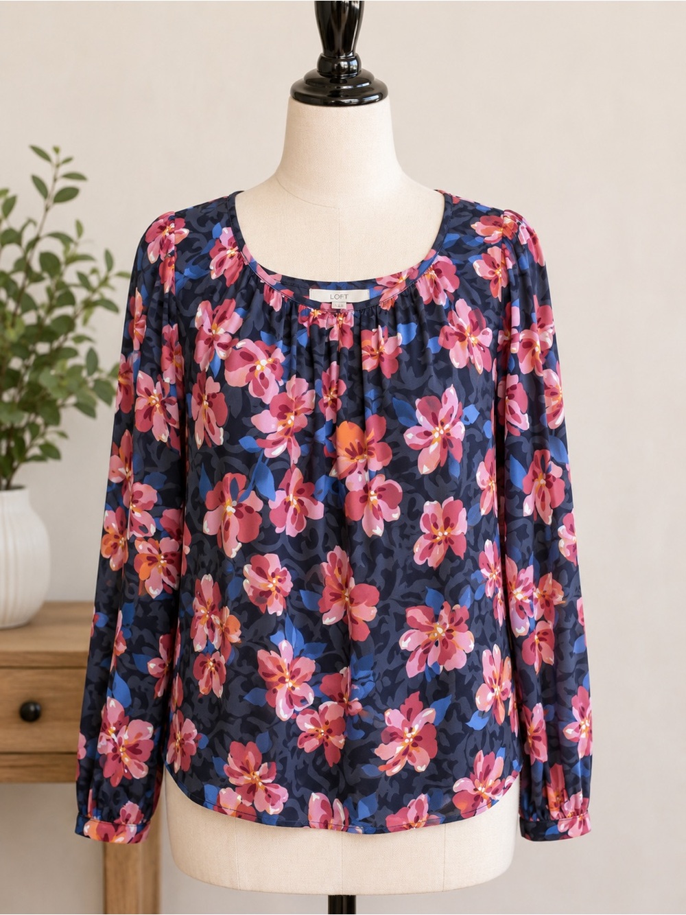LOFT Navy Floral Scoop Neck Long-Sleeve Top - Pink Floral